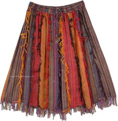 A mid-length skirt in multicolor fall toned striped fabric in vertical patchwork.  Thread fringes are left from these patches that hang vertically and this gives the skirt a gypsy look. #tlb #Patchwork #Stonewash #JuniorPetite #Misses #Fringe Skirt With Frills, Swag Clothes, Long Cotton Skirt, Maxi Skirts Summer, Hippie Skirts, Ankle Length Skirt, Trendy Skirts, Patchwork Skirt, Wrap Around Skirt