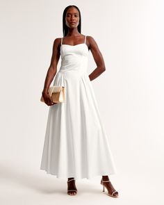 Flattering maxi dress in our elevated cotton sateen fabric, featuring a sweetheart neckline, underbust seaming details, back cutout detail with clasp closure, dipped waist detail and a volume skirt. Volume Skirt, Abercrombie Dress, Flattering Maxi Dress, Female Features, Voluminous Skirt, Maxi Dress White, Abercrombie And Fitch Dresses, Cutout Maxi Dress, Linen Maxi Dress