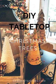 a christmas tree sitting on top of a table next to a window with the words diy tabletop christmas trees