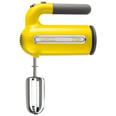 a yellow hand mixer on a white background with the handle extended to the attachment,