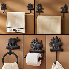 four pictures of black bear towel holders on the wall