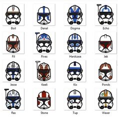 the star wars helmets are shown in different colors and sizes, including red, white, blue