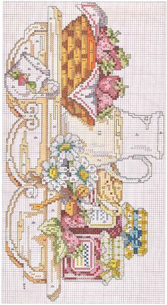 a cross stitch pattern with flowers and other things on the table in front of it