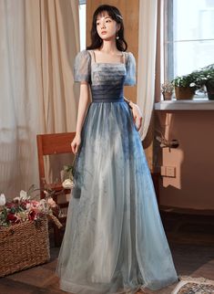 Blue Short Sleeves Gradient Tulle Long Party Dress, Blue Long Formal Dress Evening Dress Formal Dress For Graduation, Blue A Line Prom Dress, Dress Blue Long, Party Dress Blue, Cheap Evening Gowns, Ethereal Dress, Blue Party Dress, Formal Party Dress, A Line Prom Dresses