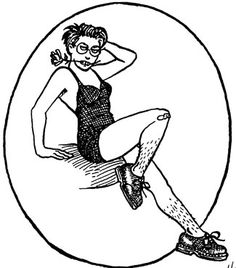 a black and white drawing of a woman sitting in an oval