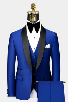 This modern royal blue tuxedo with black lapel is finely crafted from durable and timeless materials. The single-breasted royal blue tuxedo jacket is fully lined and has three exterior pockets. The slim-fit jacket has two functional breast pockets, one interior and one exterior. The durable fabric is soft and comfy. This stunning royal blue tux lets you stand out from the crowd but keeps that classic look. The black shawl lapel and the design details have a subtle satin sheen that contrasts the Teal Tuxedo Wedding, Teal Tuxedo, Royal Blue Tux, Burgundy Tuxedo Jacket, Royal Blue Tuxedo, Blue Tuxedo Jacket, Purple Tuxedo, Navy Blue Tuxedos, Burgundy Tuxedo