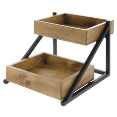 two tiered wooden trays with black metal legs and wood bottom, each holding an open drawer