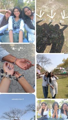 four different pictures show people holding hands and posing in front of trees, with the caption's name above them