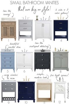 bathroom vanities that are painted in different colors and sizes, with the words small bathroom vanity