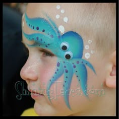 Fast Face Painting design by Manja Warner, ShiningFaces.com.  Octopus face painting.  Great for ppf linebuster face paint designs.  Googly eyes are fun! Good boy face paint design. Octopus Face, Mermaid Face Paint, Pirate Face, Belly Art