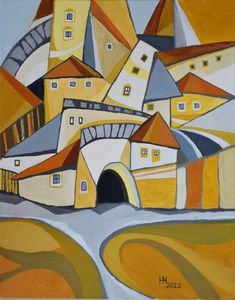 an abstract painting of houses and hills in yellow, blue, orange and white colors