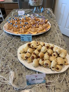 two plates filled with pastries sitting on top of a counter