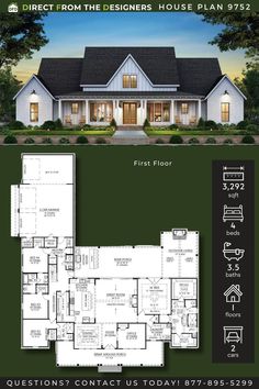 House Plan 9752 is a beautiful one-story Modern #Farmhouse offering 3,292 square feet of living space, with 4 bedrooms, 3.5 bathrooms, and a home office. The exterior features exposed rafter tails, a metal roof, stone accents, and board and batten siding for a timeless look. Inside, the open layout is perfect for family living, and the optional bonus room offers extra space with the potential for an additional half bath. #modernfarmhouse #homebuild #homebuilding One Story Modern Farmhouse, Southern Style House, Southern Style House Plans, Exposed Rafters, Sugar Hill, Board And Batten Siding, Farmhouse Style House Plans, Farmhouse House