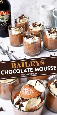 bailey's chocolate mousse is served in small glass bowls with spoons