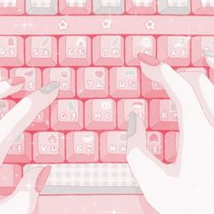 two hands typing on a pink keyboard with hearts and flowers all over the keys,