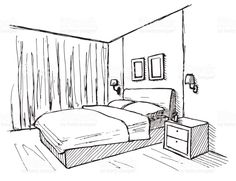 a sketched bedroom with a bed, nightstand and night stand royalty - art illustration