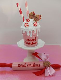 Adorable miniature pink gingerbread pail and rolling pin, makes a sweet gift for that someone special Pink Gingerbread, Bakery Sign, Desert Pink, Ornament Exchange, Hot Cocoa Bar, Cocoa Bar