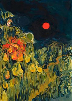 an abstract painting with oranges and green leaves in the foreground, against a dark background