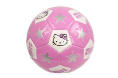 a pink soccer ball with silver stars and hello kitty on it