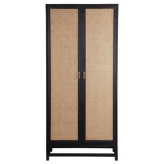 a black and brown cabinet with wicker doors