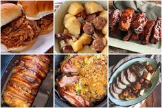 several different pictures of food including meats, potatoes and other things to eat on the table