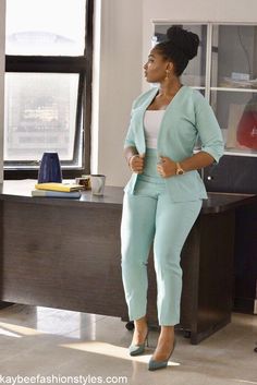 Official Trouser Suits For Women, Official Suits For Ladies, Office Trousers Women Work Outfits, Work Hairstyles Black Women, Casual Work Outfits Women Office Simple, Simple Work Hairstyles, Wears For Ladies, Yaki Wig, Turquoise Outfit