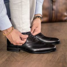 Also known as a wingtip, the Full Brogue is easily identifiable as one of the most classic pairs of dress shoes on the market. Featuring a brogue pattern along the sides as well as the toe cap, everyone needs a Full Brogue in their shoe closet. The Details: Materials: black box calf Sole: dark red goodyear leather sole plain Last: Zurigo - Rounded toe for fraditional English Look What is Fast Lane? Fast lane is our new experimental 7 day made to order collection, an ambitious never been heard of Custom Made Shoes, Hand Painted Leather, Brogue Shoes, Shoe Tree, Painting Leather, High Quality Shoes, Shoe Closet, Goodyear Welt, Black Box