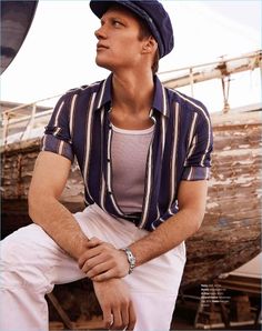 Sailor Outfit Mens Aesthetic, Nautical Style Mens, Nautical Fashion Men's, Stripe Polo Shirt Outfit Men, Sailor Outfit Mens, Nautical Menswear, Nautical Fashion Men, Wfh Style, Sailing Fashion