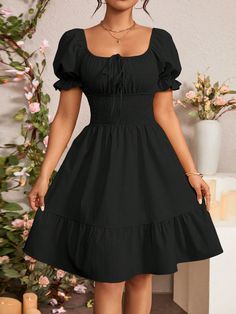 Summer Simple Puff Sleeve Tie Front Ruffle Hem Dress Black Casual  Short Sleeve Woven Fabric Plain A Line Non-Stretch  Women Clothing, size features are:Bust: ,Length: ,Sleeve Length: Black Dress With Puffy Sleeves, Money Monkey, Simple Sundress, Hoco Dance, Choir Dresses, Casual Black Dress, Mid Length Dress, Black Dress With Sleeves, School Dance