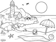 a beach scene with an umbrella, sand and starfish in the ocean coloring page