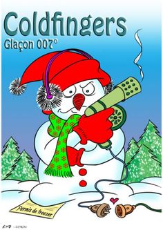 a snowman with a red hat and green scarf holding a pipe in his hand