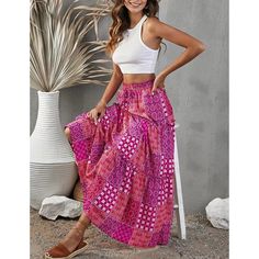 Purple Bohemia Print Tie Waist Maxi Skirt Bohemian High Waist Maxi Skirt For Day Out, Bohemian High Waist Lined Maxi Skirt, High Waist Pleated Maxi Skirt For Vacation, High Waist Pleated Maxi Skirt For Beach, High-waisted Pleated Maxi Skirt For The Beach, High Waist Pink Pleated Maxi Skirt, High-waist Pink Lined Maxi Skirt, High Waist Pink Lined Maxi Skirt, Pink Bohemian Relaxed Maxi Skirt