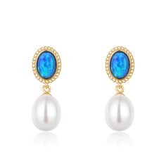 8-9mm Opal &  Freshwater Drop Pearl Earrings - House Of Pearls Elegant Blue Oval Cabochon Earrings, Elegant Cabochon Pearl Drop Earrings, Elegant Opal Jewelry With Cabochon, Elegant Opal Cabochon Jewelry, Oval Opal Jewelry With Matching Earrings, Elegant Oval Cabochon Earrings For Anniversary, Formal Opal Jewelry With Oval Cabochon, Formal Oval Cabochon Opal Jewelry, Elegant Opal Jewelry For Formal Occasions