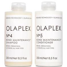 Olaplex No.5 Bond Maintenance Conditioner 8.5 oz The No. 5 Bond Maintenance Conditioner is a highly-moisturizing, reparative conditioner that protects and repairs damaged hair, split ends, and frizz by re-linking broken bonds. It is for all hair types and leaves hair easy to manage, shiny, and healthier with each use. It is color-safe, leaves hair stronger than ever, and benefits all hair types and textures. Olaplex No.4 Bond Maintenance Shampoo 8.5 oz This shampoo repairs and protects hair from everyday stresses - including damaged hair, split ends, and frizz - by re-linking broken bonds. No 4 is color-safe and proven to reduce breakage and strengthen all types of hair. Olaplex Products, Olaplex Shampoo, Shampoo And Conditioner Set, Best Shampoos, Damaged Hair Repair, Hair Breakage, Hair Maintenance, Hair Repair, Laura Mercier