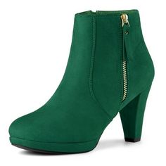 Chunky Heel Ankle Boots, Holiday Costumes, Womens Chunky Heels, Platform Heels Chunky, Round Toe Heels, Boot Brands, Green Shoes, Ankle Bootie, Costume Halloween