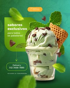 an ice cream advertisement with chocolate chips and mint leaves on the green backgroung