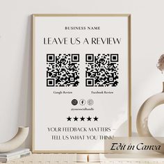 a poster with the words leave us a review on it next to a vase and other items