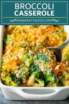 broccoli casserole in a white dish with a serving spoon