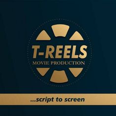 the t - reels movie production logo is shown in gold and black on a dark blue background