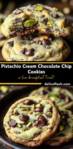 chocolate chip cookies stacked on top of each other with the words, pistachio cream chocolate chip cookies