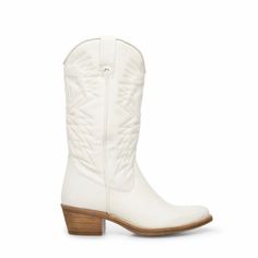 Nwt Still In Original Box Steve Madden Western Boots Rubber Unit Sole For All Day Comfort 2 Inch Heel Height Size 6 Measurements: 14.25 Inch Shaft Top Circumference, 11 Inch Shaft Height Leather Upper Material Synthetic Lining Synthetic Sock Synthetic Sole Imported White Boots With Padded Heel And Medium Width, White Almond Toe Boots With Removable Insole, White Almond Toe Boots With Branded Insole, White Boots With Padded Heel And Square Toe, White Leather Boots With Padded Heel, White Western Wide Calf Heeled Boots, Mid Calf White Western Boots, Steve Madden White Western Boots, White Western Heeled Boots Medium Width