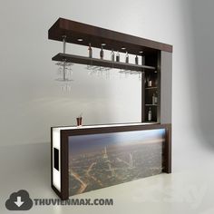 an image of a bar with wine glasses on the top and below it, in front of a white wall