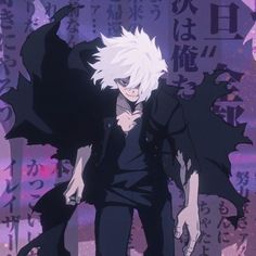 an anime character with white hair and black clothes