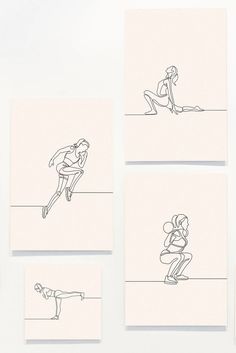 four drawings of people doing different things on the same piece of paper, each with a single line drawing