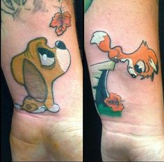 two pictures of the same cartoon character on one arm and an image of a fox on the other