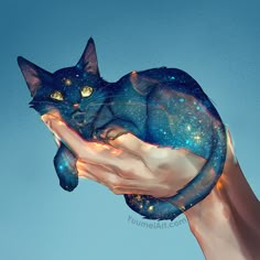 a hand holding a blue cat with stars on it's chest and the sky in the background