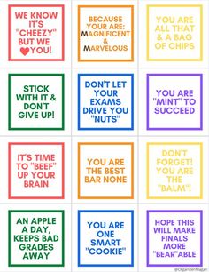 some colorful cards with words on them