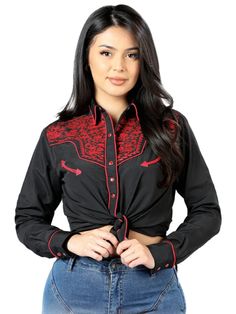 Material: 35% Cotton & 65% Polyester  Color: Black with Red Embroidery  Brand: El Señor de los Cielos   ENVIO GRATIS (2-6 DIAS HABILES)  FREE SHIPPING (2-6 BUSINESS DAYS)     Model: GEN-44186 Southern Gothic Fashion, Denim Shirt Style, Long Sleeve Denim Shirt, Cowboy Outfits, Western Shirt, Western Shirts, Shirt Accessories, Stylish Shirts