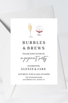 a white card with two glasses of wine and the words bubbles and brews on it