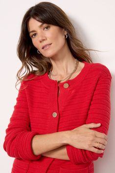 Add a timeless layer to your collection with The Elevated Cardigan from Sanctuary. Crafted in a knit cotton-blend fabric, this sweater features front button closures, two front patch pockets, and a relaxed fit. | SANCTUARY Women's The Elevated Cardigan, Size XS, Red Red Knit Cardigan With Button Closure, Red Textured Knit Cardigan For Fall, Red Workwear Sweater With Button Closure, Red Knit Cardigan With Buttons, Red Spring Cardigan With Button Closure, Classic Red Outerwear For Layering, Classic Red Cardigan For Layering, Feminine Blouses, Utility Pants